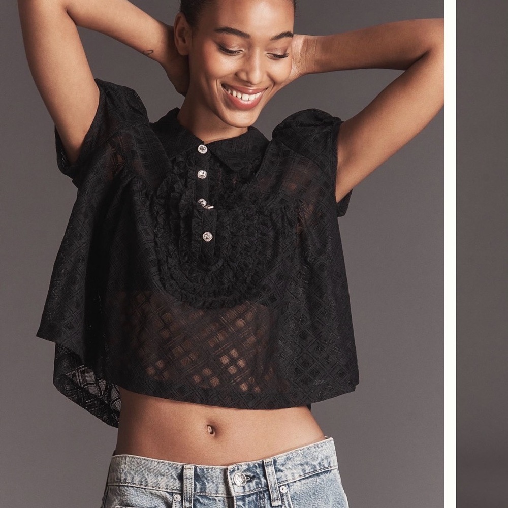 Maeve Black Sheer Lace Cropped Blouse